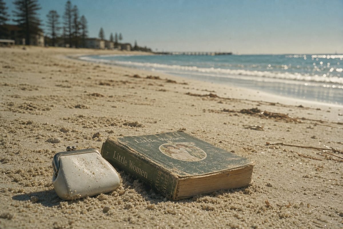 A sunlit 1960s Australian beach with a white clamshell purse and Little Women in the sand, representing the Beaumont children case.