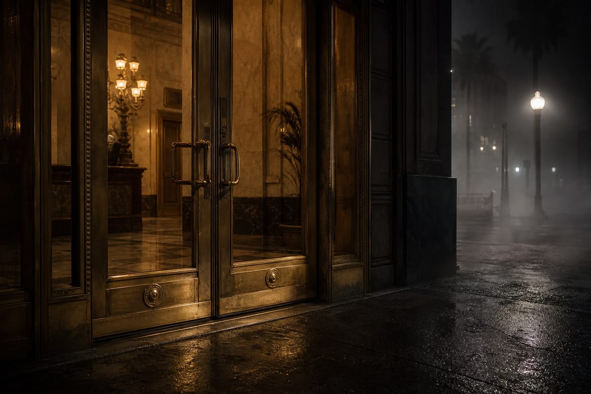 Ornate hotel doors at night represent the Biltmore Hotel threshold in the Elizabeth Short Black Dahlia case.