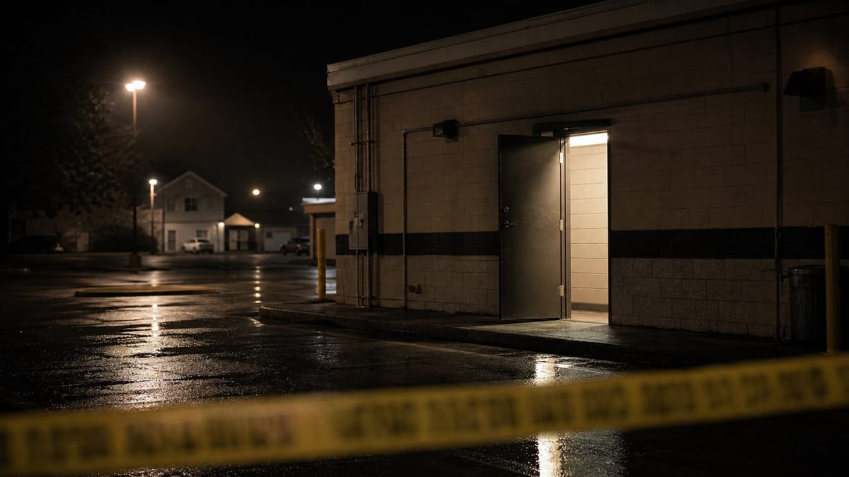 A dark 1970s fast-food restaurant back door stands open at night, representing the Burger Chef Murders in Speedway, Indiana.