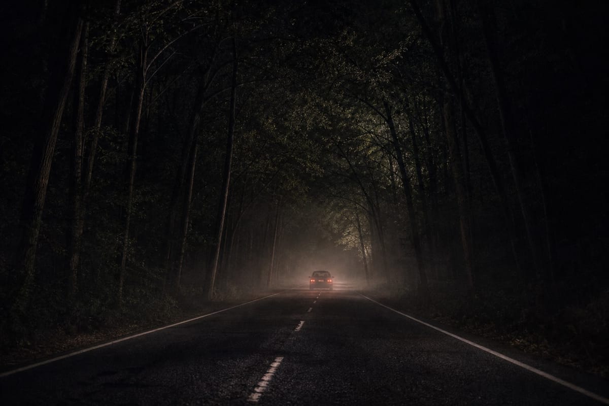 A dark tree-lined road at night represents the Colonial Parkway Killer case in Virginia.