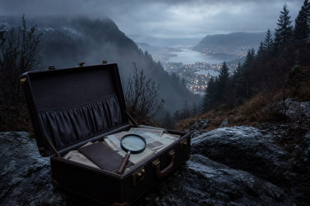 A foggy Norwegian valley with a vintage suitcase on rocky ground, representing the Isdal Woman mystery.
