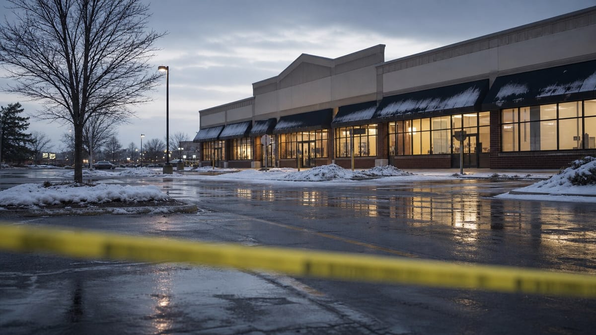 A winter strip mall parking lot in Tinley Park, Illinois, representing the unsolved Lane Bryant murders.