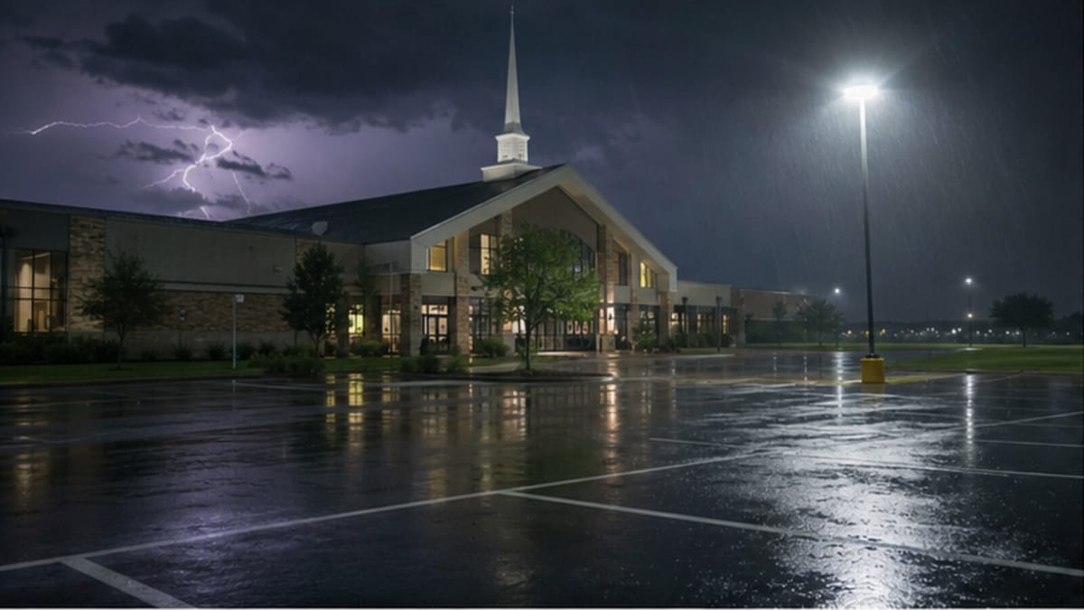 A rain-soaked modern Texas church exterior before dawn, representing the unsolved Missy Bevers murder at Creekside Church.