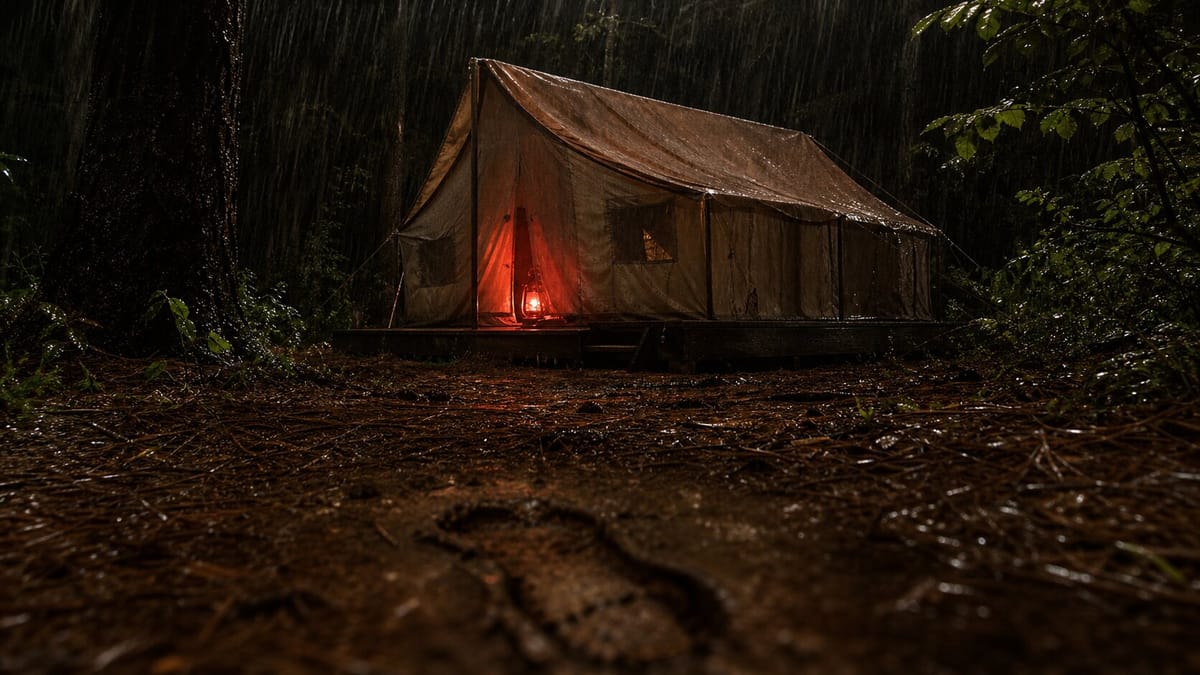 A rainy 1970s canvas tent in the Oklahoma woods recreates the atmosphere of the Oklahoma Girl Scout murders at Camp Scott.