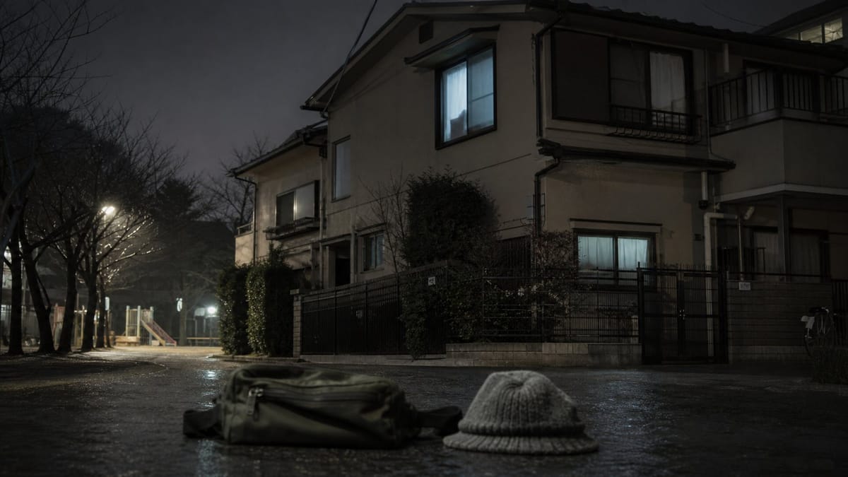 A dark Japanese duplex beside an empty park at night, representing the unsolved Setagaya family murders.