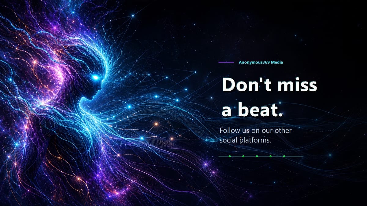 Cosmic digital figure made of blue and purple light trails beside text reading “Don’t miss a beat. Follow us on our other social platforms.”