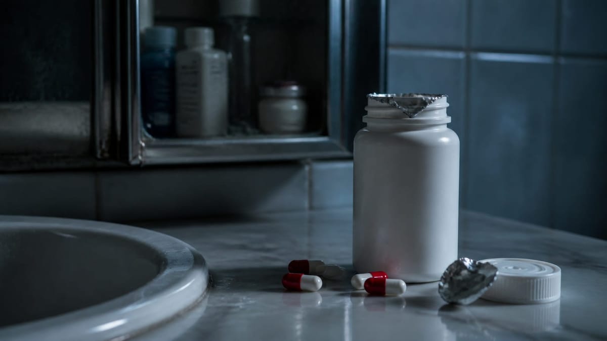 Generic 1980s pain-reliever capsules near a tamper-evident seal, symbolizing the unsolved Chicago Tylenol murders and the packaging reforms that followed.
