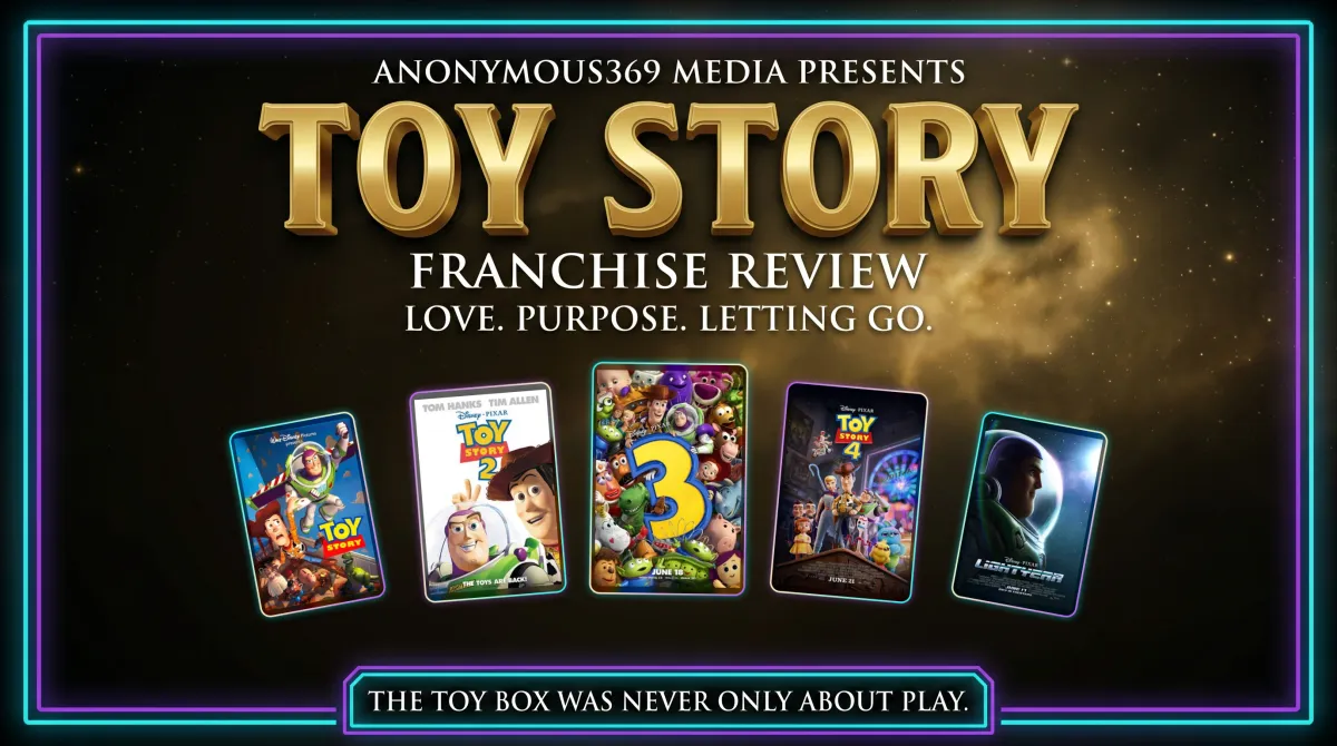 Toy Story franchise review key art with posters for Toy Story, Toy Story 2, Toy Story 3, Toy Story 4, and Lightyear arranged in release order.