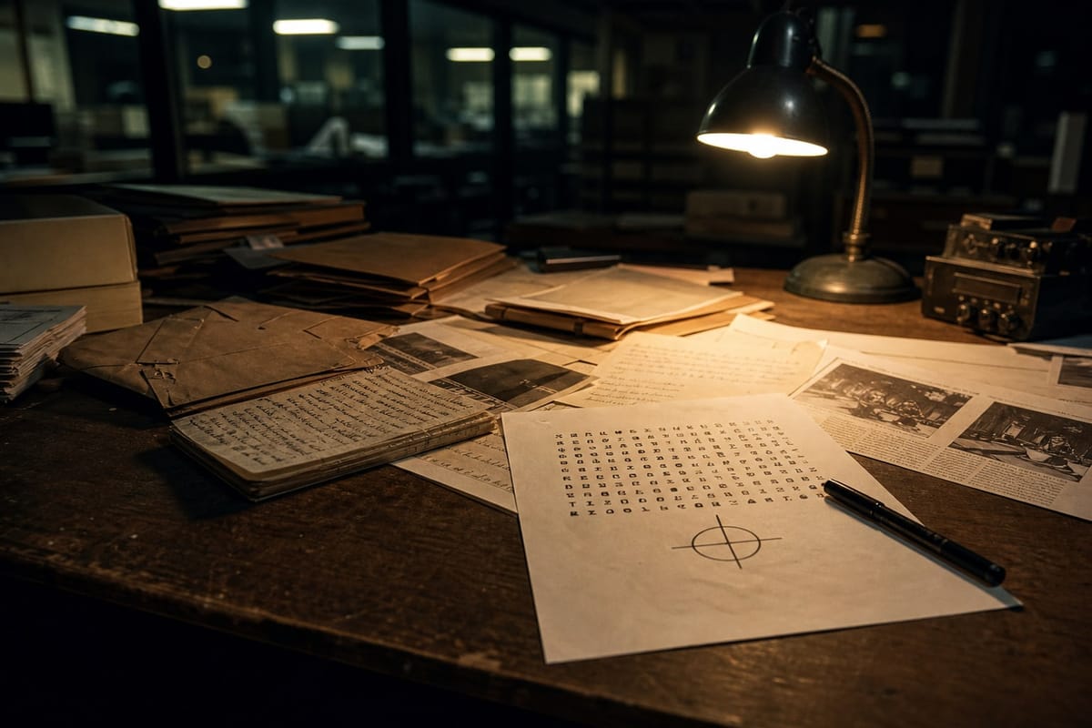 A late-1960s newsroom desk holds envelopes and an abstract cipher grid, representing the Zodiac Killer letters.