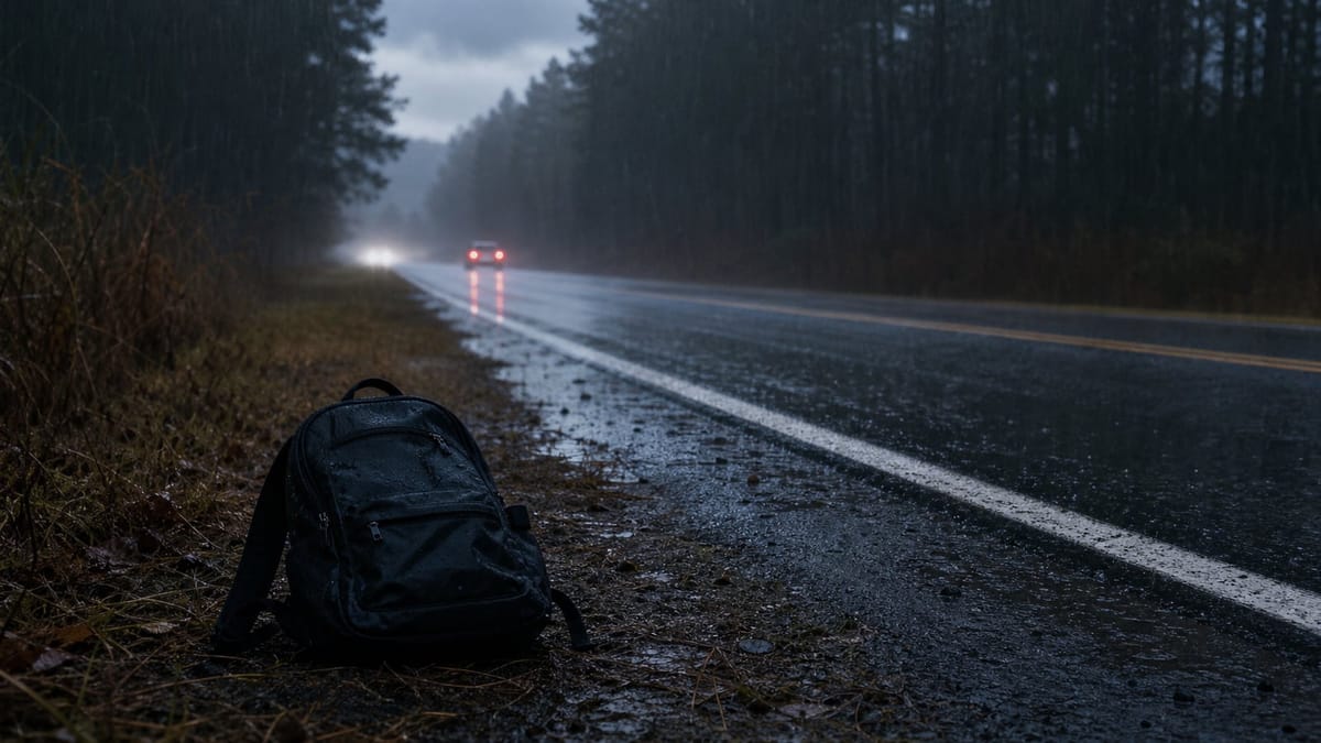Rainy rural highway shoulder with a black backpack, representing the Asha Degree disappearance.