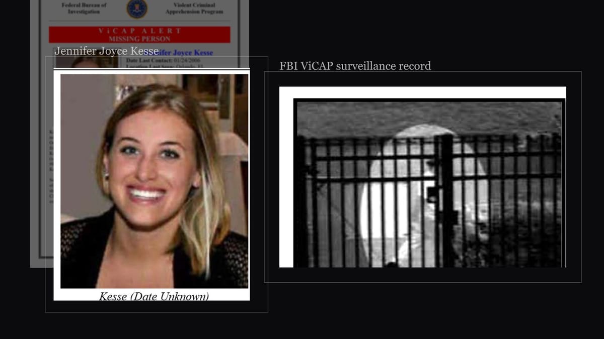 Official FBI ViCAP alert imagery for Jennifer Joyce Kesse beside the fence-post surveillance still from her case.
