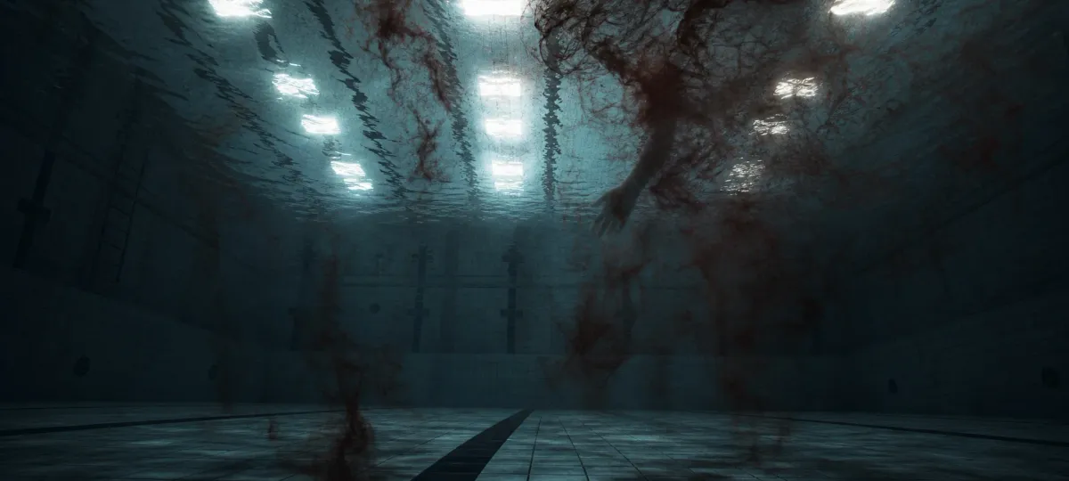 An underwater view of a municipal swimming pool with fluorescent lights above and dark red ribbons drifting through blue water.