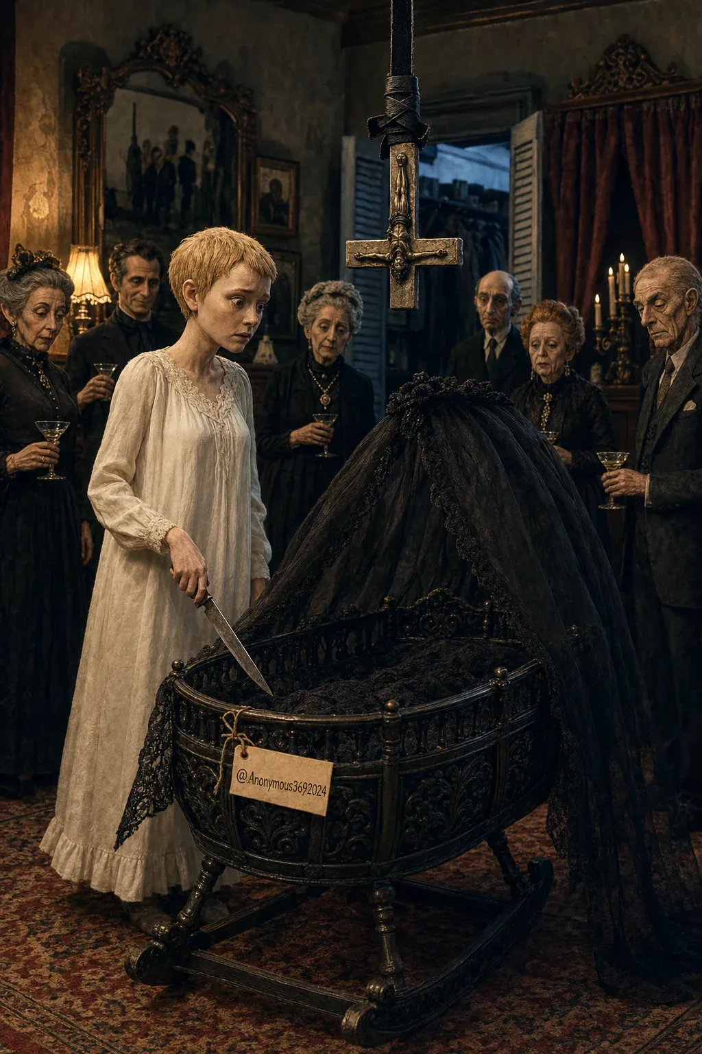 Rosemary Woodhouse hesitates beside the black bassinet as the Bramford coven watches in the final parlor confrontation.