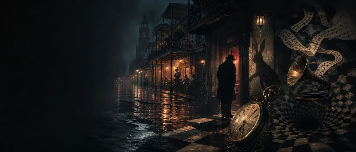 Rain-darkened 1919 New Orleans street with jazz, a pocket watch, a rabbit shadow, and a checkerboard descent