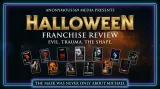 Halloween franchise review key art with official film posters from Halloween 1978 through Halloween Ends 2022 arranged in release order.