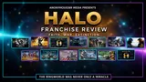 Halo franchise review thumbnail with released game covers arranged across a cosmic Anonymous369 Media title card.
