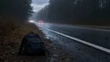 Rainy rural highway shoulder with a black backpack, representing the Asha Degree disappearance.