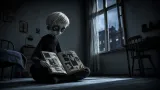 Oskar sits on a cold bedroom floor with an open scrapbook of crime clippings under a moonlit apartment window.