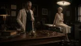 Dr. Abraham Sapirstein watches Rosemary Woodhouse from a high-society medical office as a silver charm ball smolders on a mahogany desk.