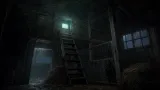 A steep wooden ladder rises into a dark horse barn loft lit by a cold cyan television glow.
