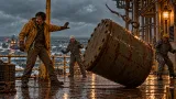 Rafiq Ansari warns workers as a cargo drum falls onto the rain-soaked platform deck.