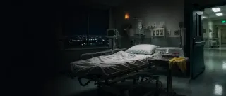 Empty 1994 emergency room with a gurney, oxygen mask, protected blood samples, and hazmat gloves