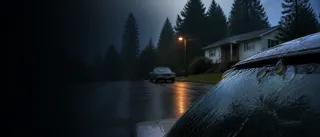 Rainy Oakville street with translucent gelatinous droplets clinging to a car windshield