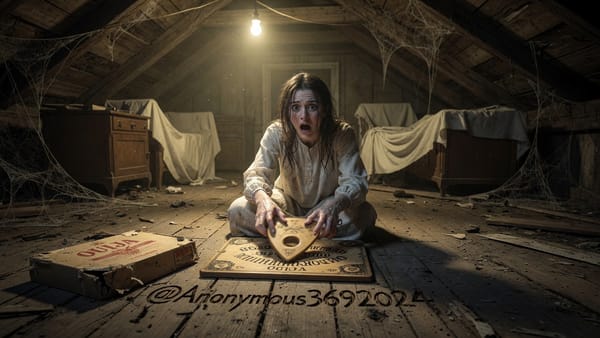 Ouija board and planchette photographed in shadow as a folklore image for the Zozo story.