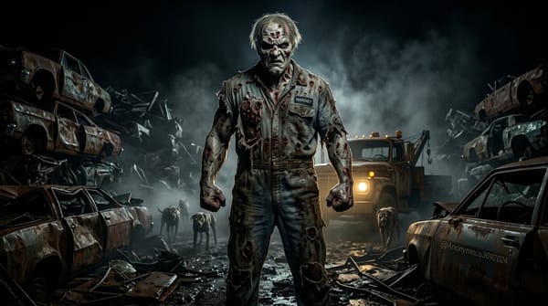 The Juggernaut from Thir13en Ghosts, a scarred undead mechanic in a torn Mahoney jumpsuit, stands with clenched fists in a foggy junkyard among car wrecks, a tow truck, and feral dogs.