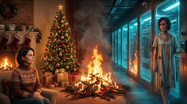 Jean Kriticos from Thir13en Ghosts: a woman sits in a cozy holiday room next to a bonfire that transitions into a dark hall where her burned ghost form stands by glowing containment cubes.