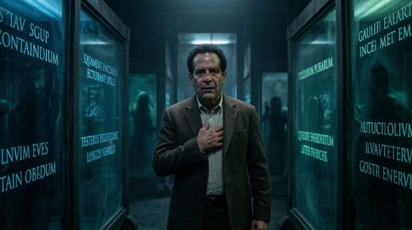 Arthur Kriticos from Thir13en Ghosts stands distressed among glowing glass containment cubes etched with Latin spells as eerie ghost silhouettes loom in the dark, foggy background.