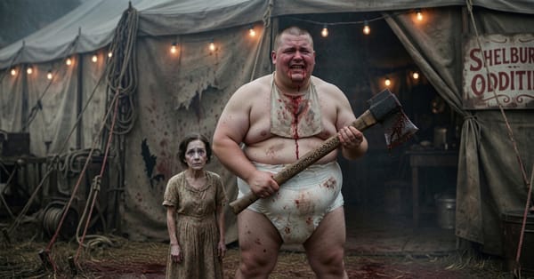 The Great Child and The Dire Mother from Thir13en Ghosts; a giant, bloody man in a diaper holds an axe beside a small woman in front of a grisly Shelburne Oddities circus tent.