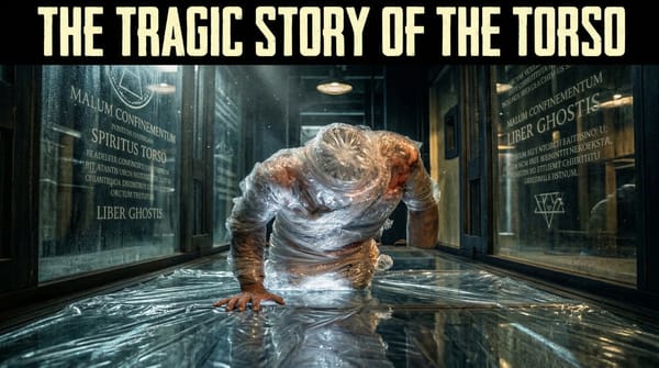 The Torso from Thir13en Ghosts, a bloody, limbless man wrapped in plastic, crawls between glass cases etched with Latin spells. Header text: THE TRAGIC STORY OF THE TORSO.