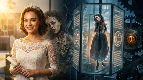 The Bound Woman from Thir13en Ghosts: a woman in a tiara and white lace dress beside her decayed ghost form, which hangs in a glass containment cube near massive, glowing clockwork gears.