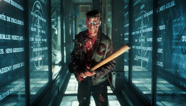 The Torn Prince from Thir13en Ghosts, a mutilated ghost in a varsity jacket with glowing blue eyes, grips a baseball bat between glowing glass walls etched with Latin containment spells.
