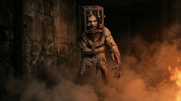 The Jackal from Thir13en Ghosts, a gaunt monster in a torn straitjacket with a metal cage on his head, lunges through orange smoke in a dark stone cell with long, sharp clawed fingers.