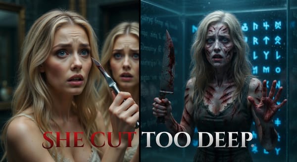 The Angry Princess from Thir13en Ghosts: a blonde woman holding a scalpel beside her pale, scarred ghost form in a runic glass cube. Red and white text reads: SHE CUT TOO DEEP.