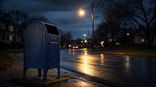 A dark documentary-style image of a blue postal collection box representing the 2001 Amerithrax mailings.