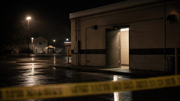 A dark 1970s fast-food restaurant back door stands open at night, representing the Burger Chef Murders in Speedway, Indiana.