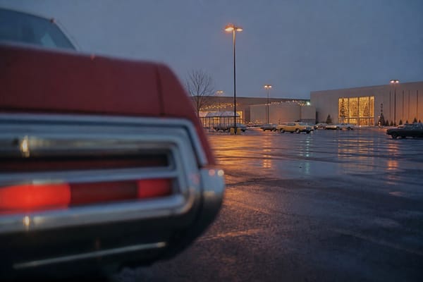 A 1970s mall parking lot at dusk with an Oldsmobile-style sedan left behind, representing the Fort Worth Missing Trio case.