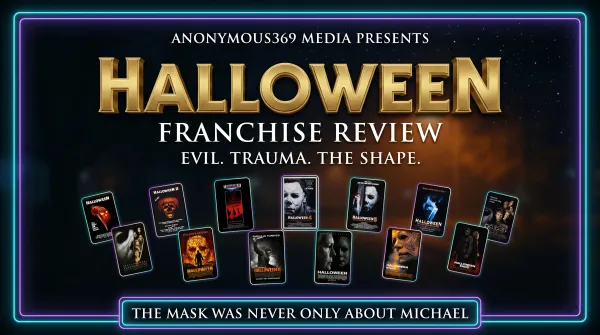 Halloween franchise review key art with official film posters from Halloween 1978 through Halloween Ends 2022 arranged in release order.