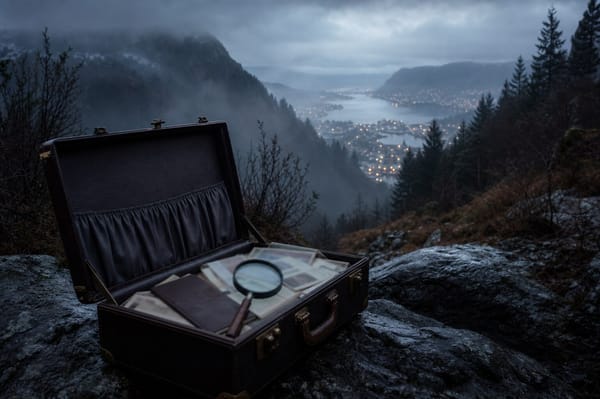A foggy Norwegian valley with a vintage suitcase on rocky ground, representing the Isdal Woman mystery.