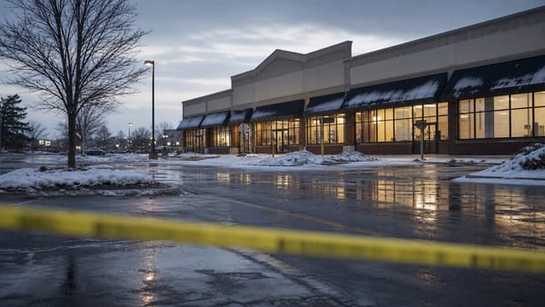 A winter strip mall parking lot in Tinley Park, Illinois, representing the unsolved Lane Bryant murders.