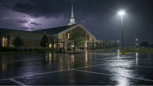 A rain-soaked modern Texas church exterior before dawn, representing the unsolved Missy Bevers murder at Creekside Church.