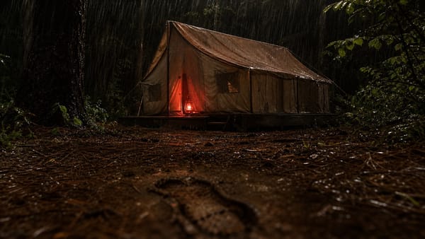 A rainy 1970s canvas tent in the Oklahoma woods recreates the atmosphere of the Oklahoma Girl Scout murders at Camp Scott.