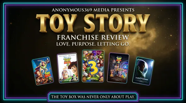 Toy Story franchise review key art with posters for Toy Story, Toy Story 2, Toy Story 3, Toy Story 4, and Lightyear arranged in release order.