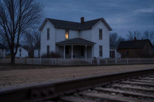 A dusk view of a white Iowa house and nearby railroad track represents the unsolved Villisca Axe Murders.