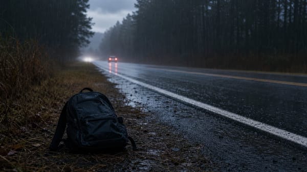 Rainy rural highway shoulder with a black backpack, representing the Asha Degree disappearance.