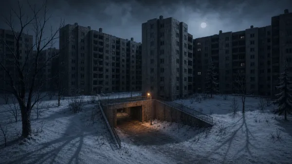 Blackeberg apartment blocks and a snowy underpass sit under a cold twilight sky and one amber streetlight.