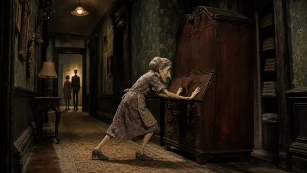 Mrs. Gardenia pushes a massive mahogany chest against a hidden Bramford closet while a young couple waits in the hallway.
